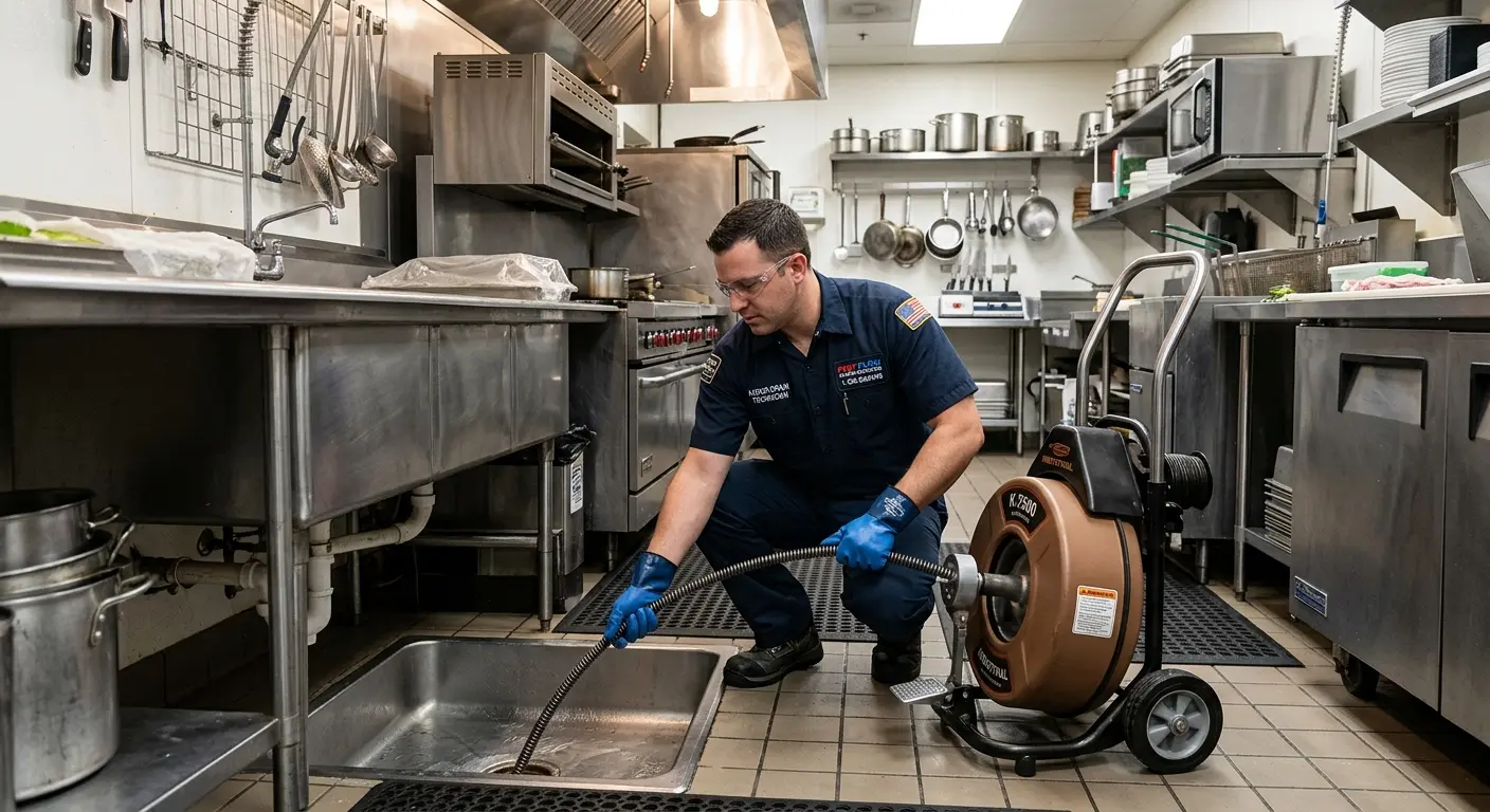 Commercial drain cleaning service in a restaurant kitchen in Franklin