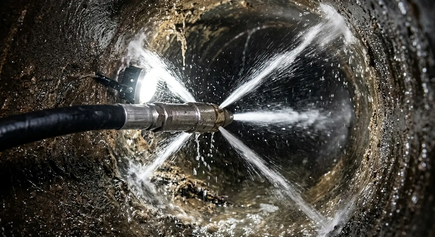 High-pressure hydro jetting nozzle cleaning sewer pipe for Emergency Drain Service in Franklin
