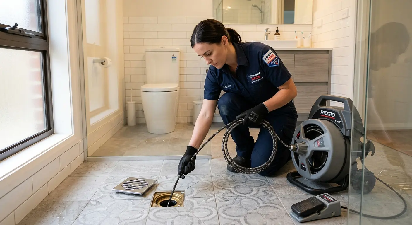 Technician clearing a bathroom floor drain for Drain Cleaning in Franklin